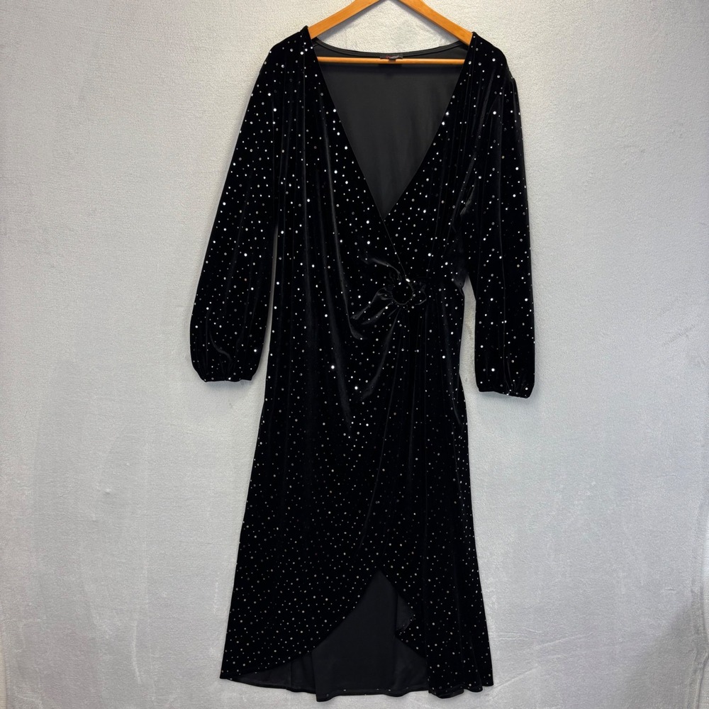 Black Velvet Sequin Faux Wrap Maxi Dress Women 22W J Studio Halloween Witchy